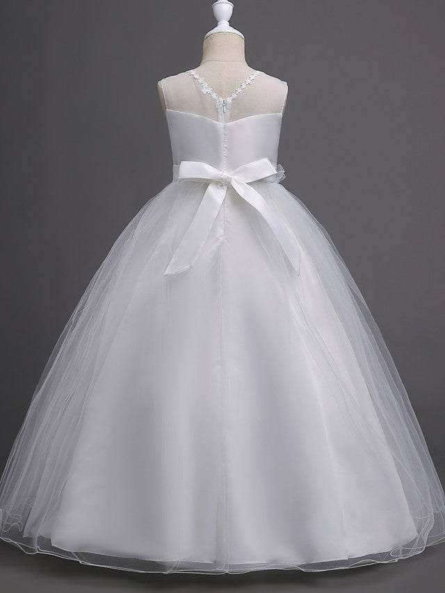 Elegant Lace Bow Appliques Floor Length Sleeveless Flower Girl Dresses-BallBride