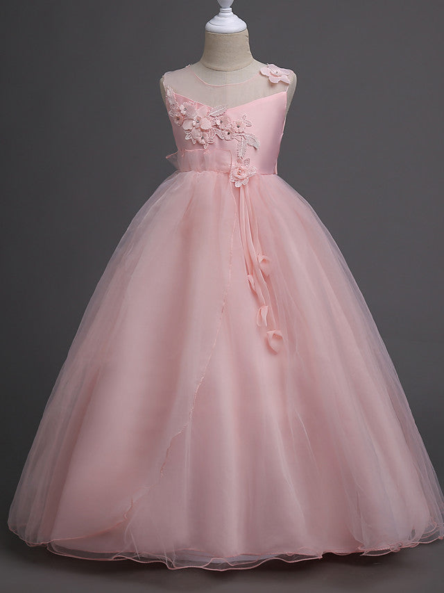Elegant Lace Bow Appliques Floor Length Sleeveless Flower Girl Dresses-BallBride