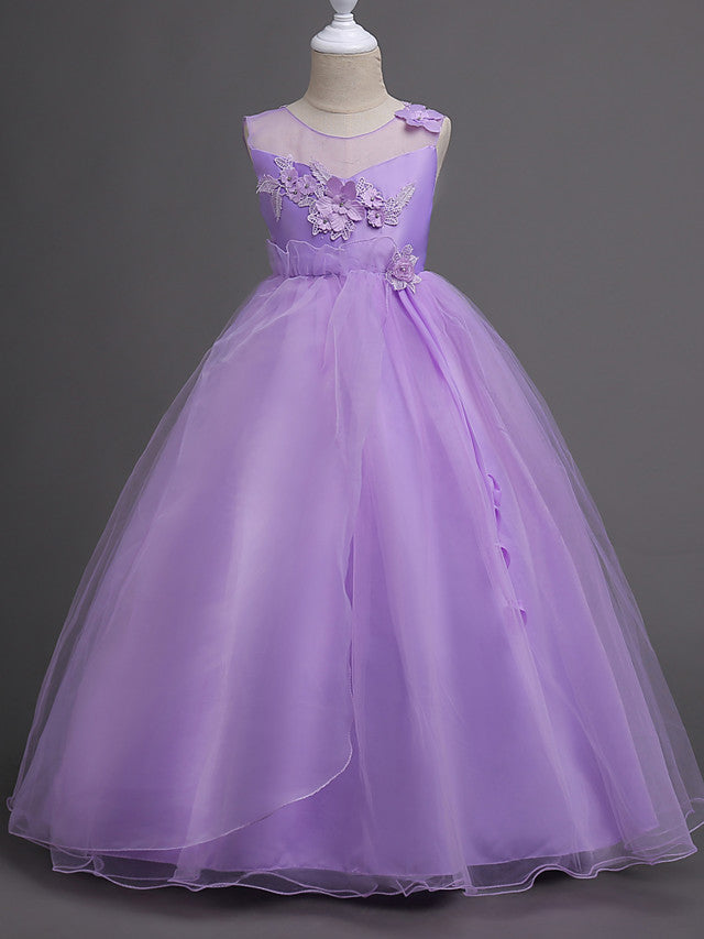 Elegant Lace Bow Appliques Floor Length Sleeveless Flower Girl Dresses-BallBride
