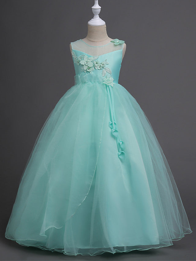 Elegant Lace Bow Appliques Floor Length Sleeveless Flower Girl Dresses-BallBride