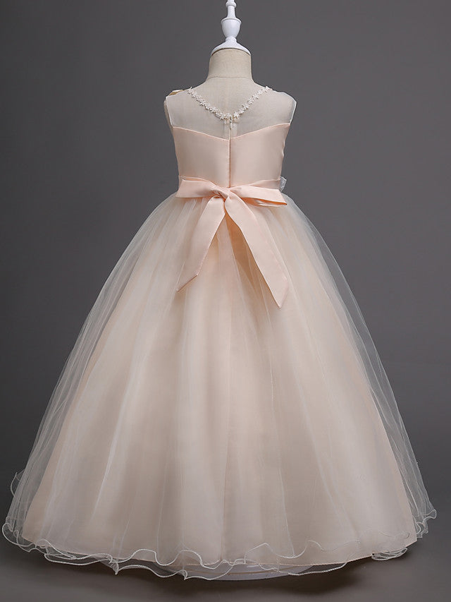 Elegant Lace Bow Appliques Floor Length Sleeveless Flower Girl Dresses-BallBride