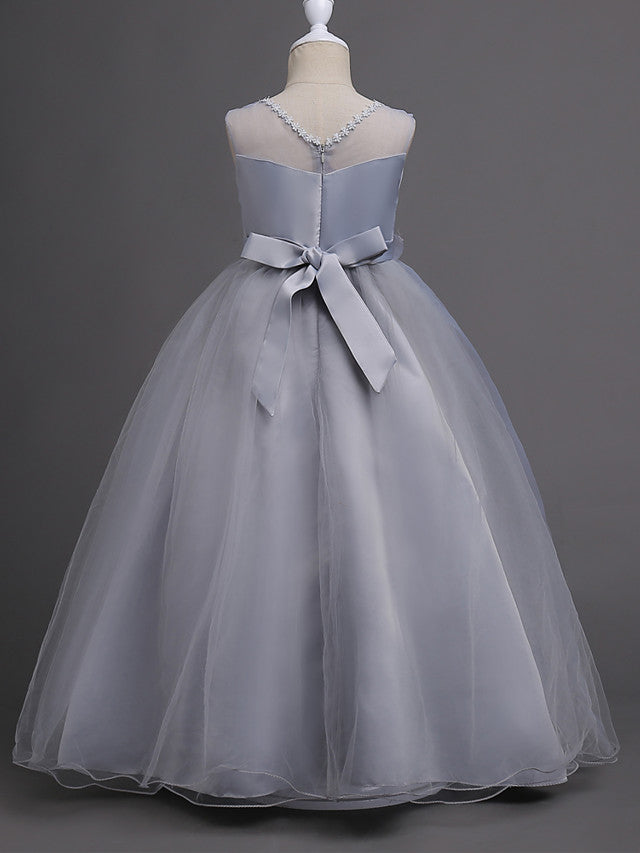 Elegant Lace Bow Appliques Floor Length Sleeveless Flower Girl Dresses-BallBride