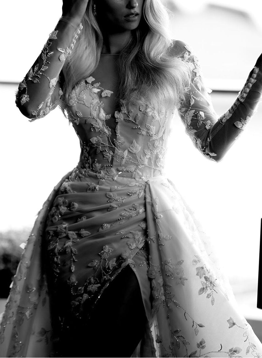 Elegant Lace Long Sleeve Wedding Dress Slit-Ballbride