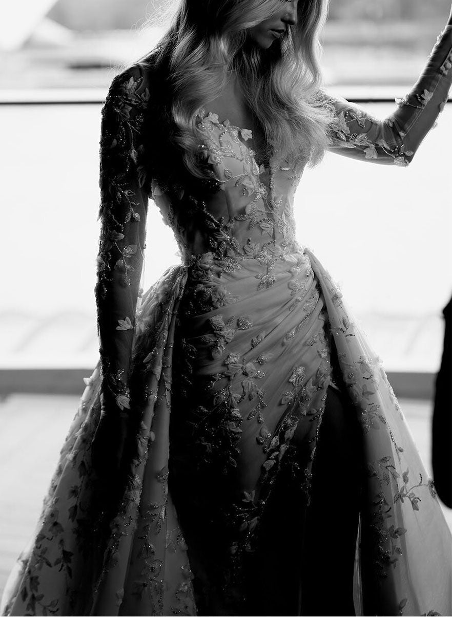 Elegant Lace Long Sleeve Wedding Dress Slit-Ballbride