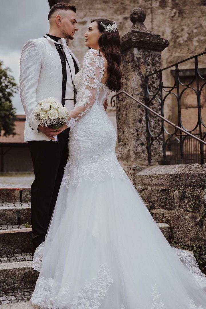 Elegant Lace Mermaid Wedding Dress With Open Back & Sleeves-BallBride