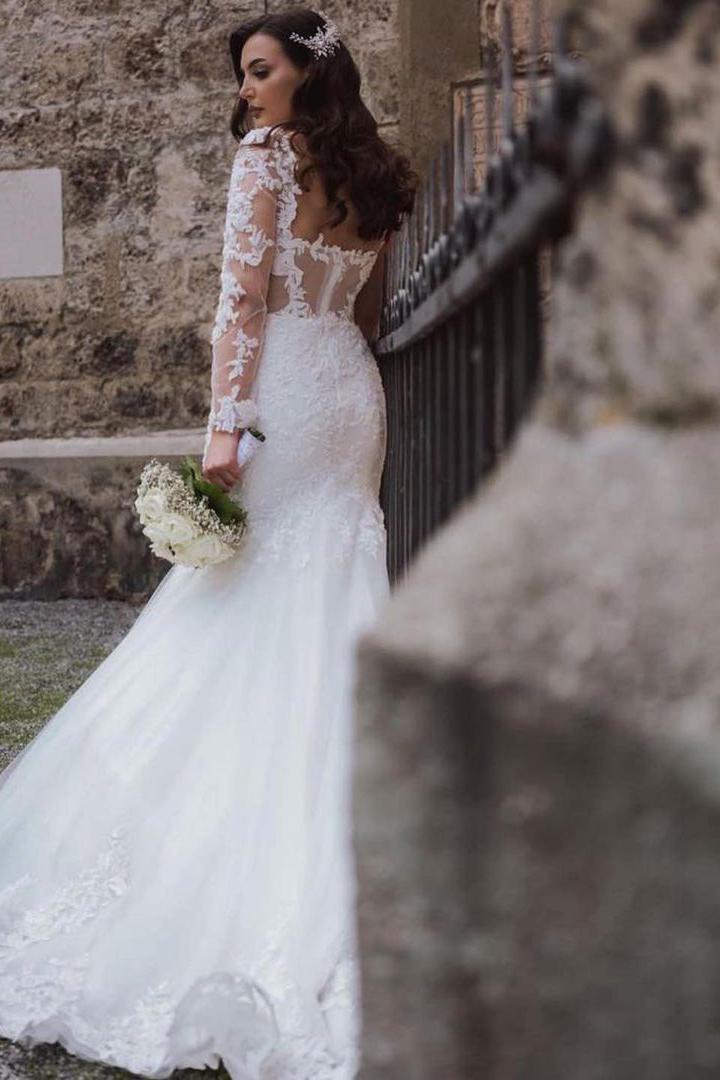 Elegant Lace Mermaid Wedding Dress With Open Back & Sleeves-BallBride