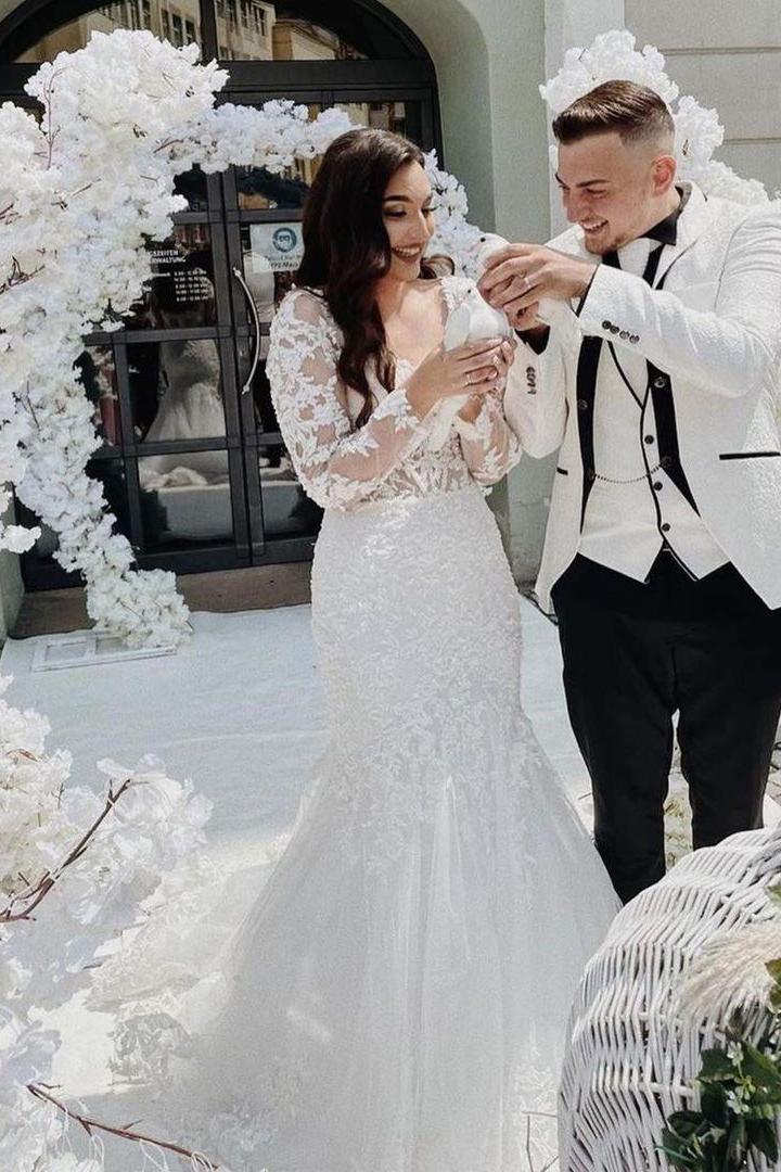 Elegant Lace Mermaid Wedding Dress With Open Back & Sleeves-BallBride