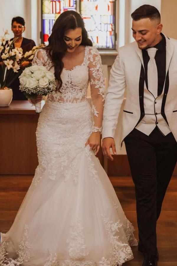 Elegant Lace Mermaid Wedding Dress With Open Back & Sleeves-BallBride