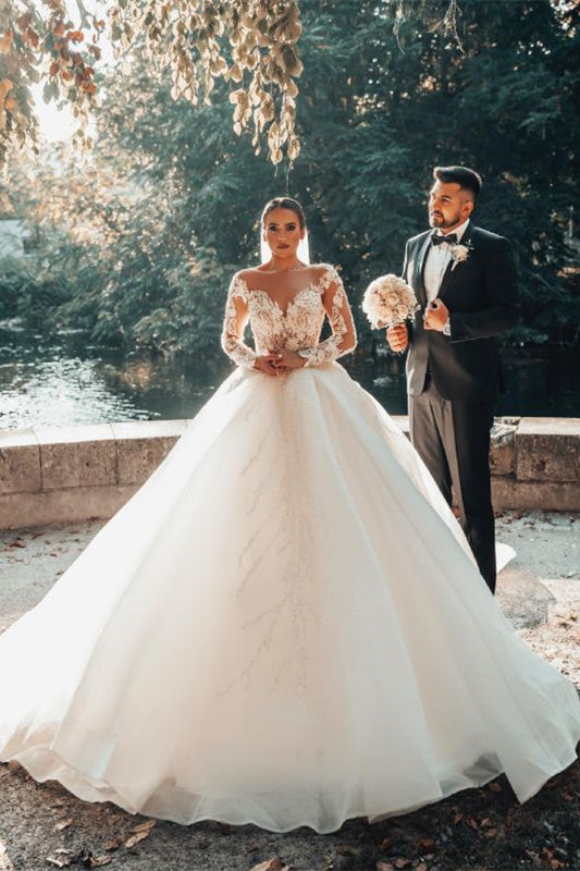 Elegant Lace Off-The-Shoulder Ball Gown Wedding Dress-BallBride