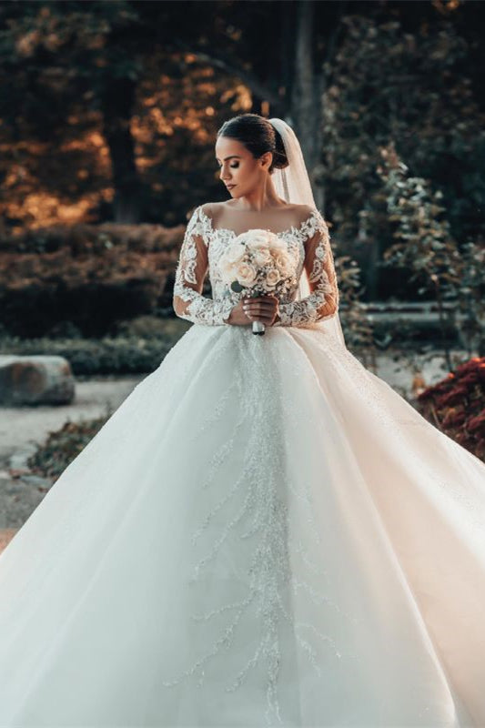 Elegant Lace Off-The-Shoulder Ball Gown Wedding Dress-BallBride