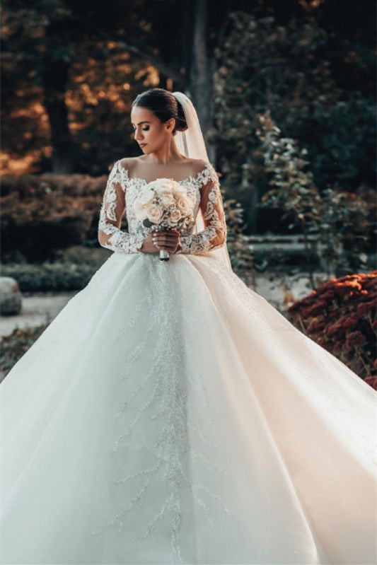 Elegant Lace Off-The-Shoulder Ball Gown Wedding Dress-BallBride