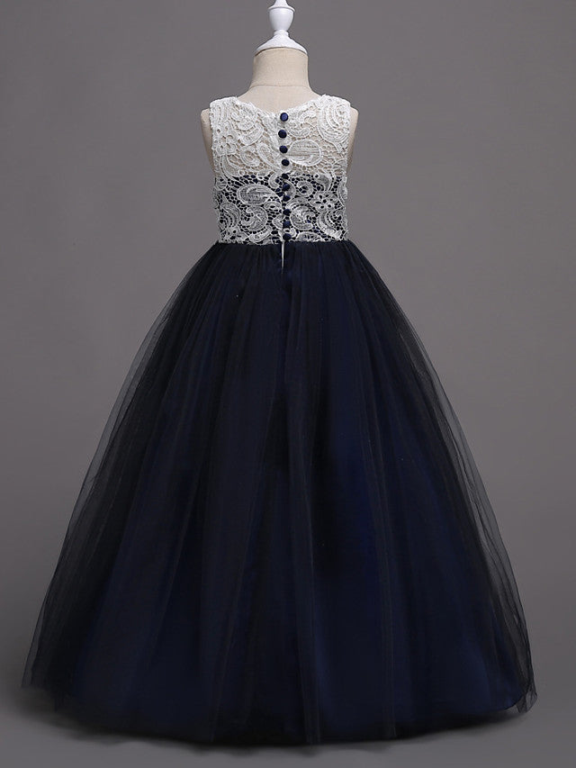 Elegant Lace Satin Tulle Long Length Sleeveless Jewel Neck Flower Girl Dress-BallBride