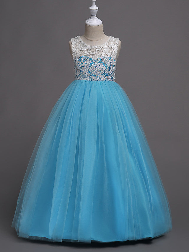 Elegant Lace Satin Tulle Long Length Sleeveless Jewel Neck Flower Girl Dress-BallBride
