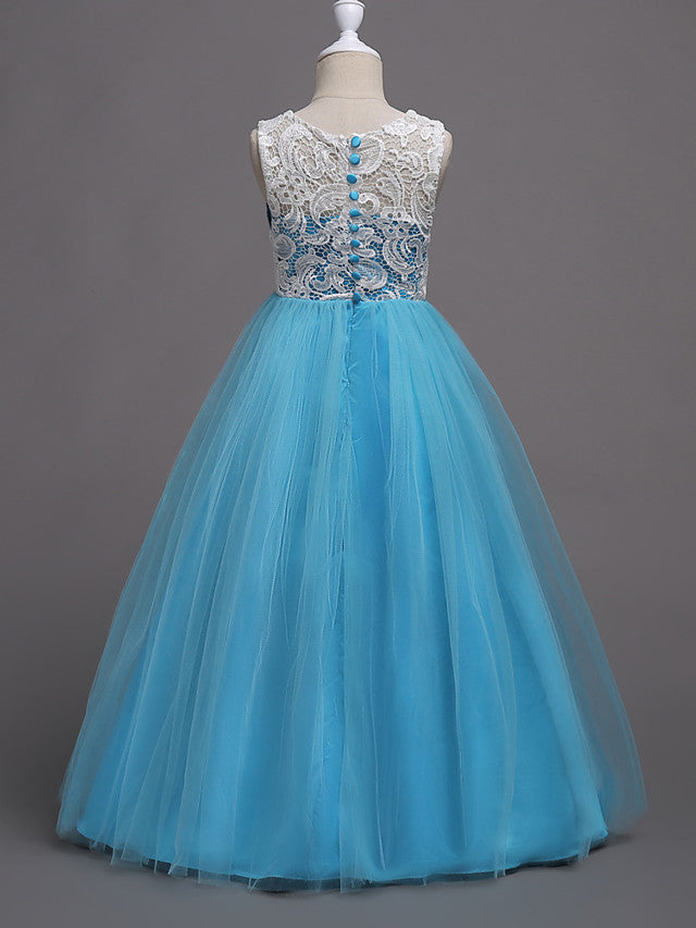 Elegant Lace Satin Tulle Long Length Sleeveless Jewel Neck Flower Girl Dress-BallBride