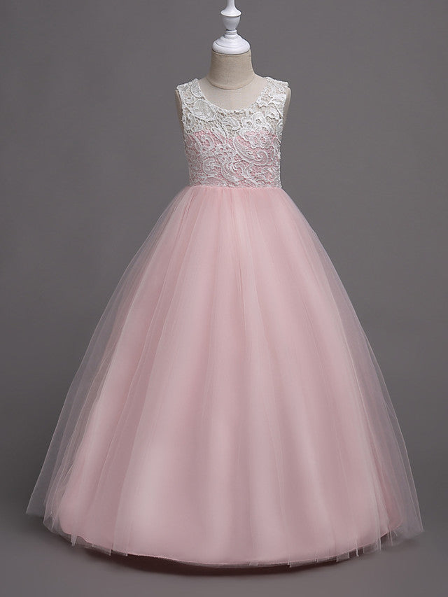 Elegant Lace Satin Tulle Long Length Sleeveless Jewel Neck Flower Girl Dress-BallBride