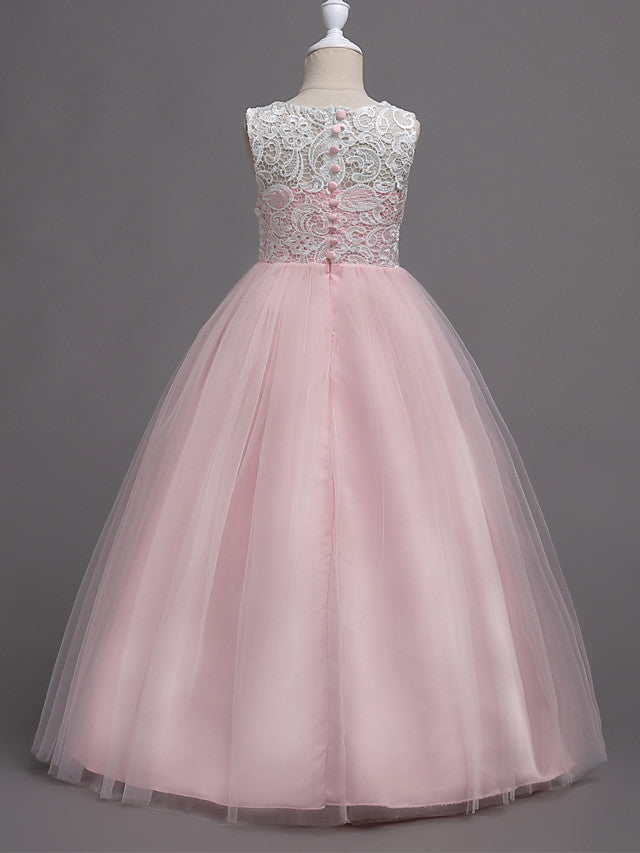 Elegant Lace Satin Tulle Long Length Sleeveless Jewel Neck Flower Girl Dress-BallBride