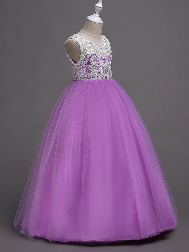 Elegant Lace Satin Tulle Long Length Sleeveless Jewel Neck Flower Girl Dress-BallBride