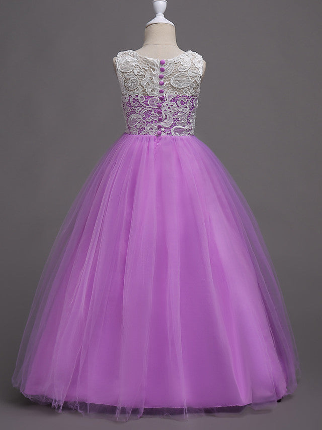 Elegant Lace Satin Tulle Long Length Sleeveless Jewel Neck Flower Girl Dress-BallBride