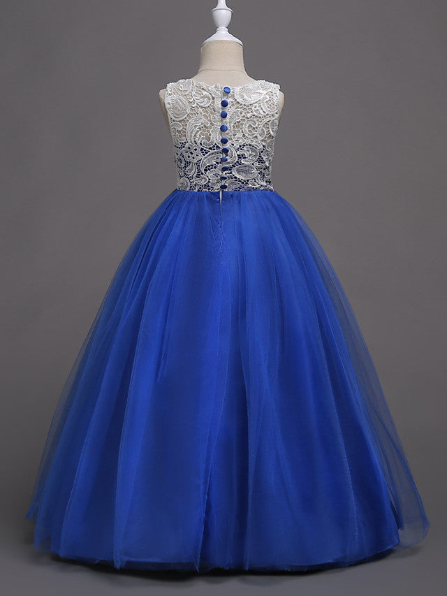 Elegant Lace Satin Tulle Long Length Sleeveless Jewel Neck Flower Girl Dress-BallBride