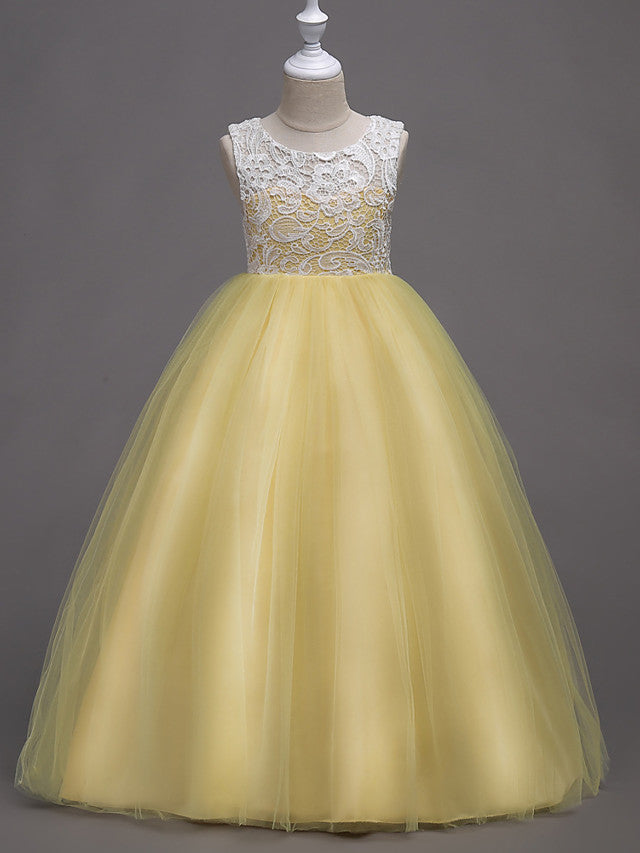 Elegant Lace Satin Tulle Long Length Sleeveless Jewel Neck Flower Girl Dress-BallBride
