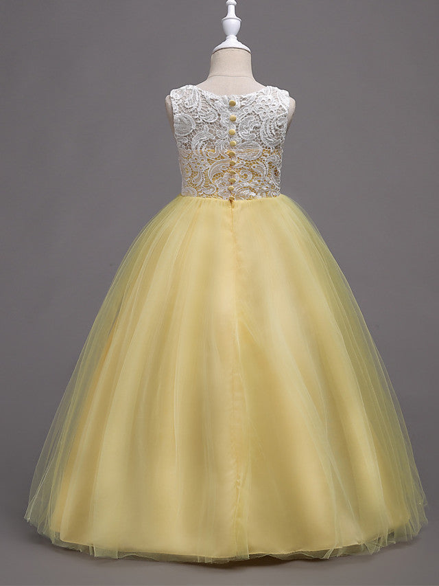 Elegant Lace Satin Tulle Long Length Sleeveless Jewel Neck Flower Girl Dress-BallBride