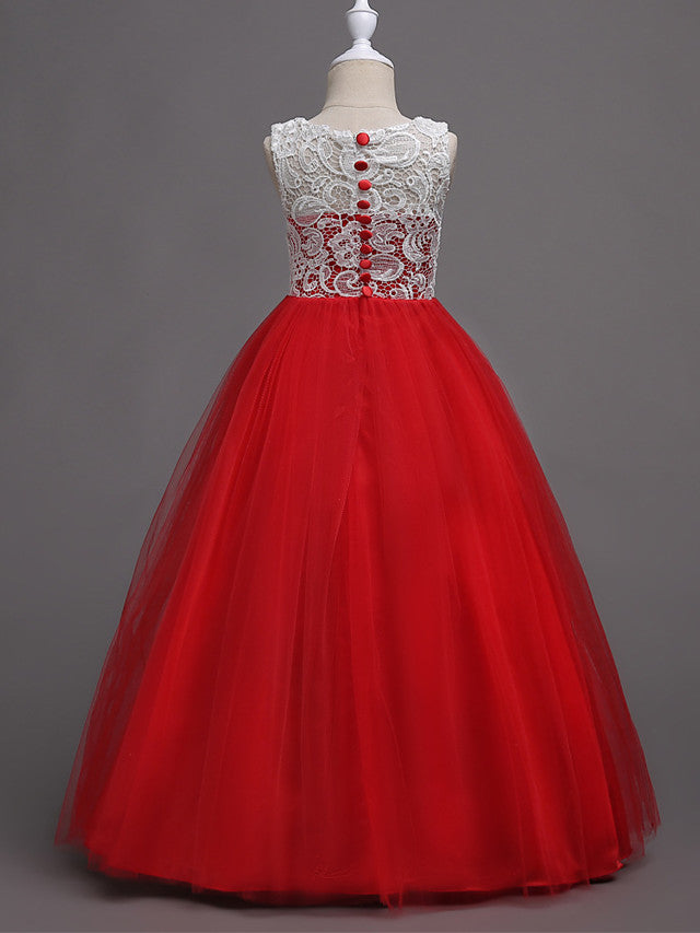 Elegant Lace Satin Tulle Long Length Sleeveless Jewel Neck Flower Girl Dress-BallBride