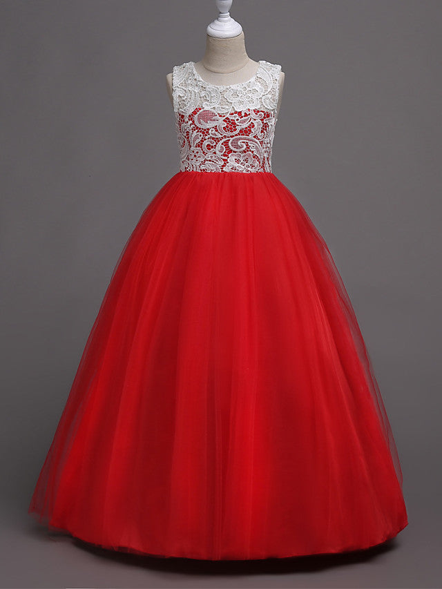 Elegant Lace Satin Tulle Long Length Sleeveless Jewel Neck Flower Girl Dress-BallBride