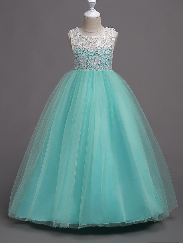 Elegant Lace Satin Tulle Long Length Sleeveless Jewel Neck Flower Girl Dress-BallBride