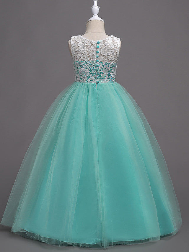 Elegant Lace Satin Tulle Long Length Sleeveless Jewel Neck Flower Girl Dress-BallBride