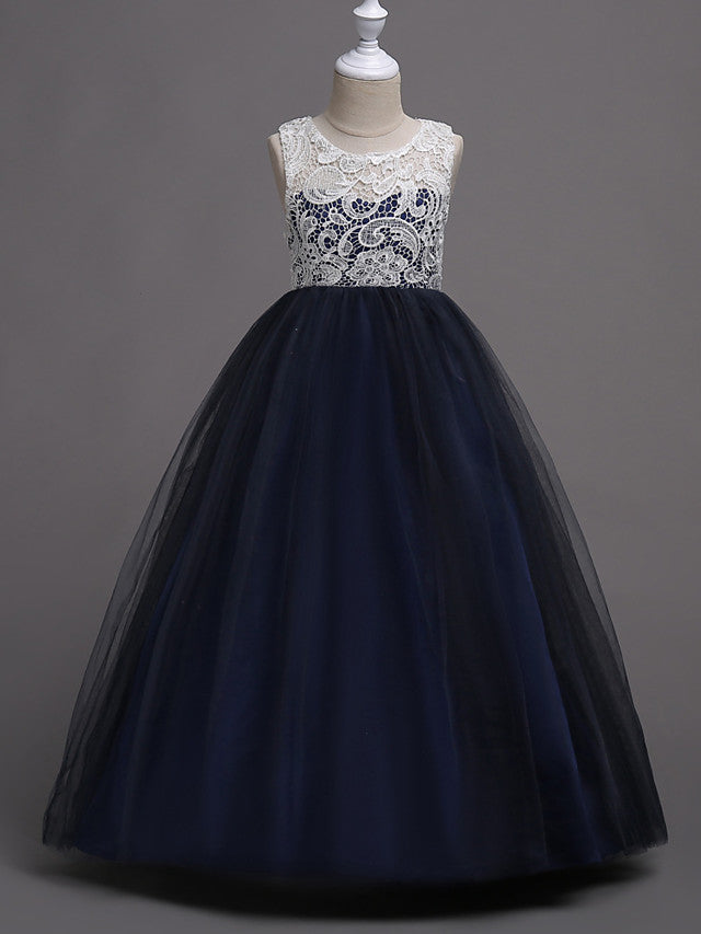 Elegant Lace Satin Tulle Long Length Sleeveless Jewel Neck Flower Girl Dress-BallBride