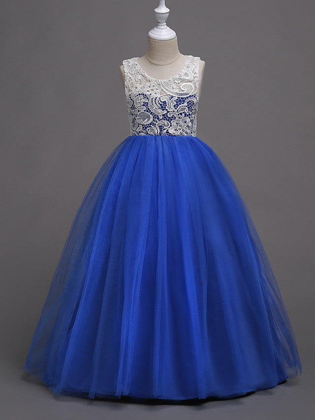 Elegant Lace Satin Tulle Long Length Sleeveless Jewel Neck Flower Girl Dress-BallBride
