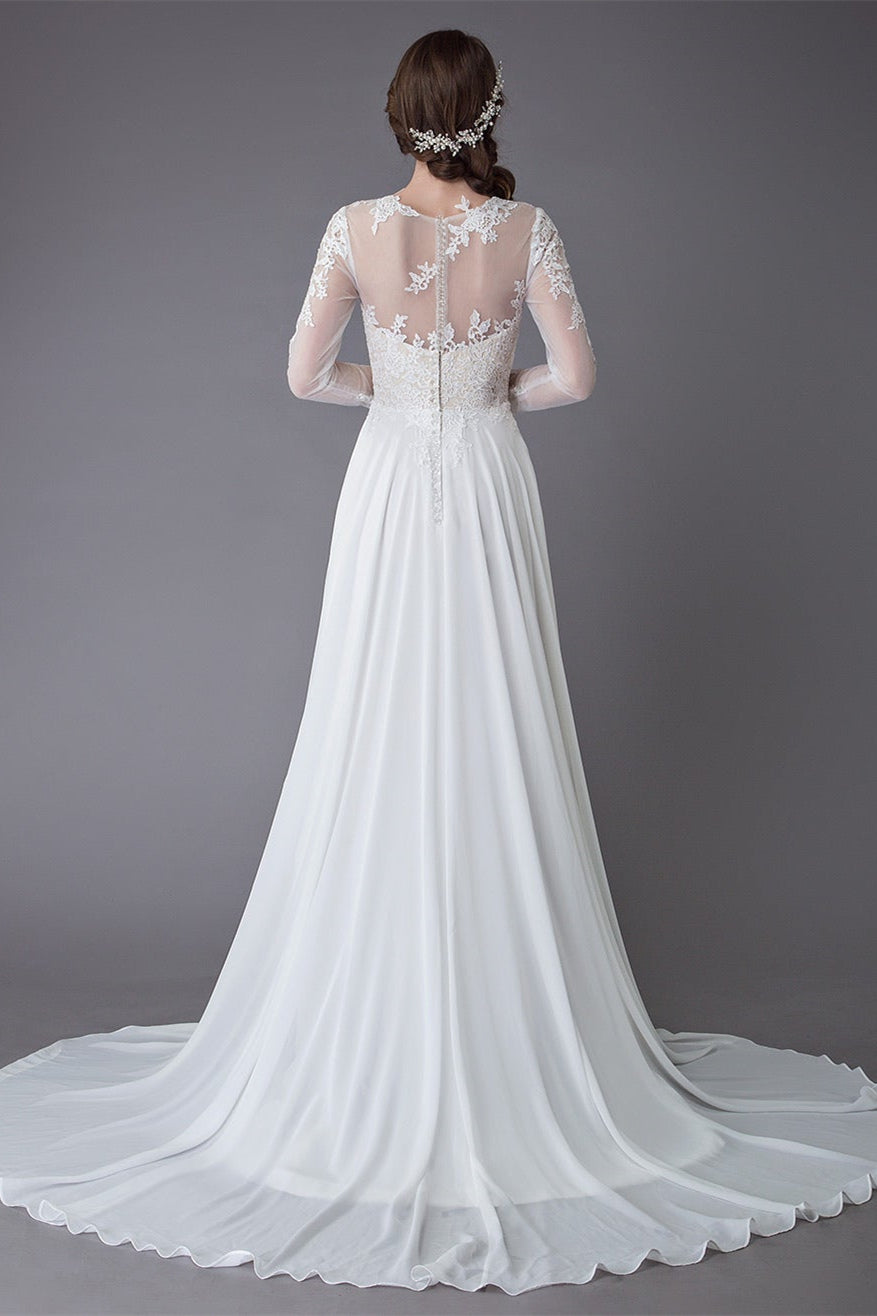 Elegant Lace Slit Long Sleeves Wedding Dress-BallBride