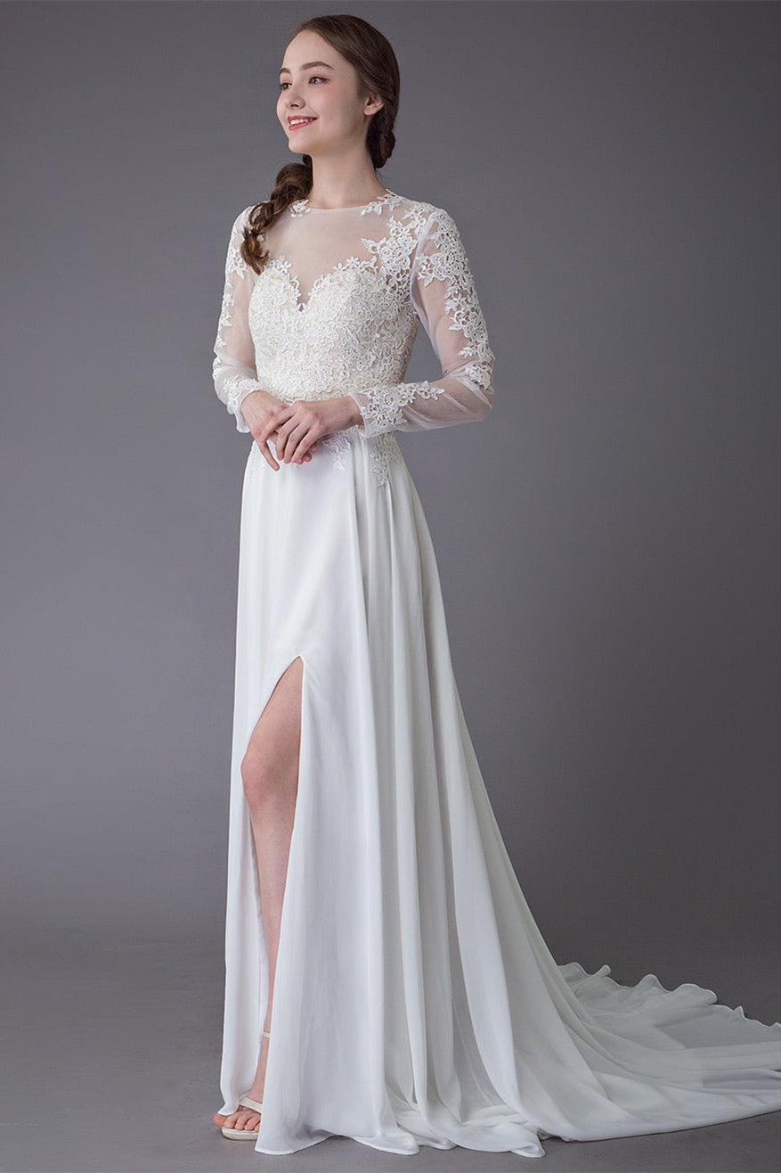 Elegant Lace Slit Long Sleeves Wedding Dress-BallBride