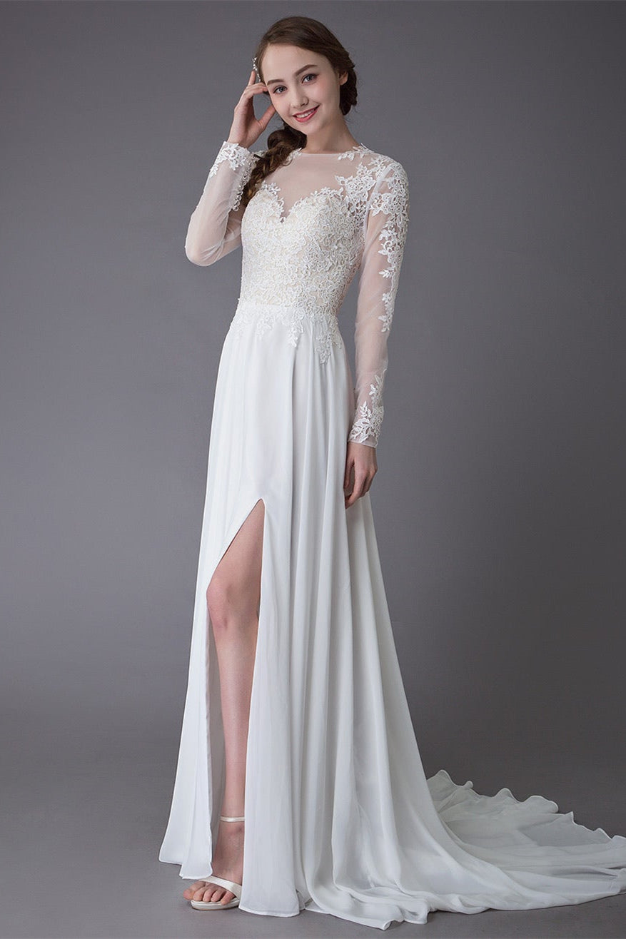 Elegant Lace Slit Long Sleeves Wedding Dress-BallBride