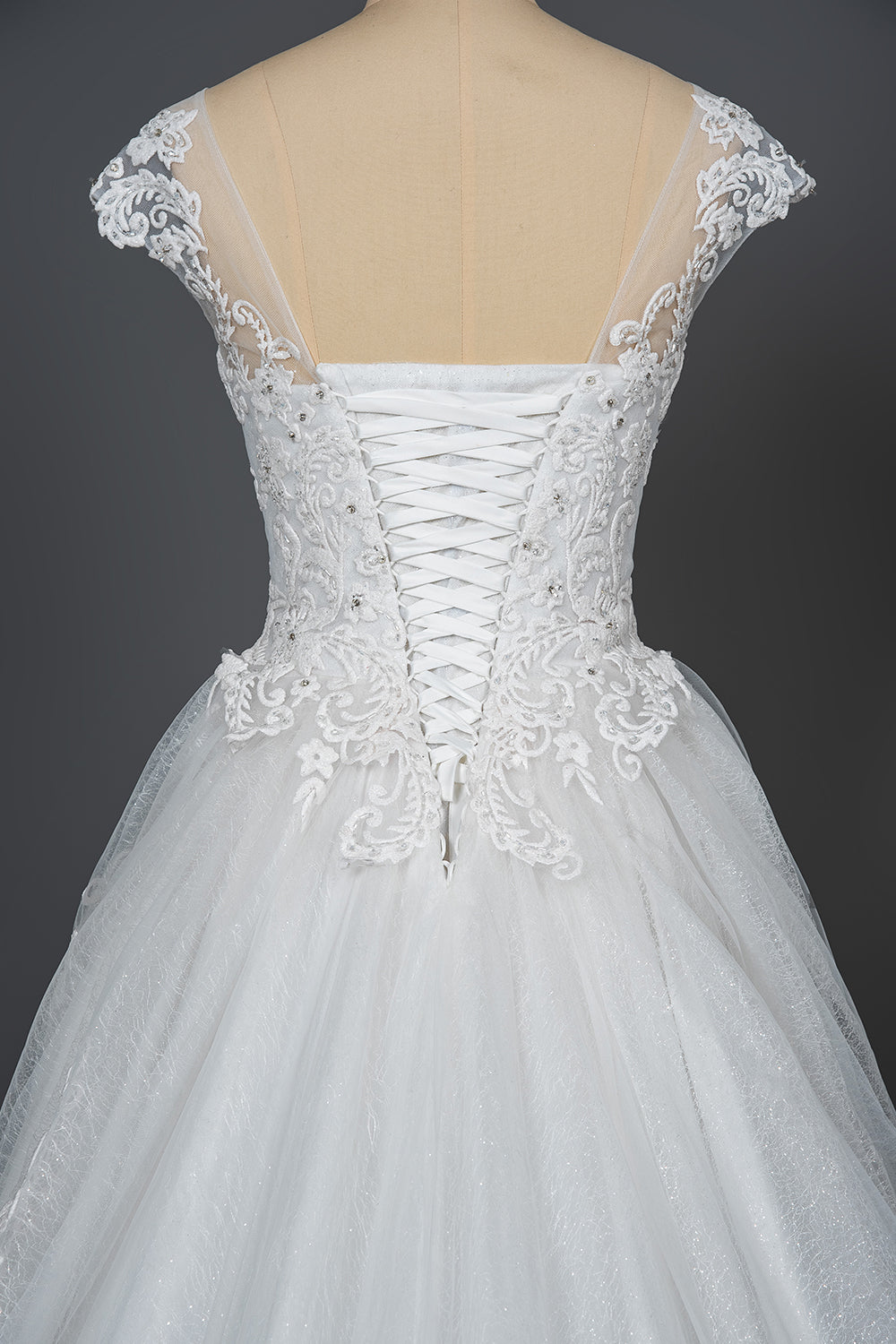 Elegant Lace V-neck Tulle Ball Gown Wedding Dress With Cap Sleeves-BallBride