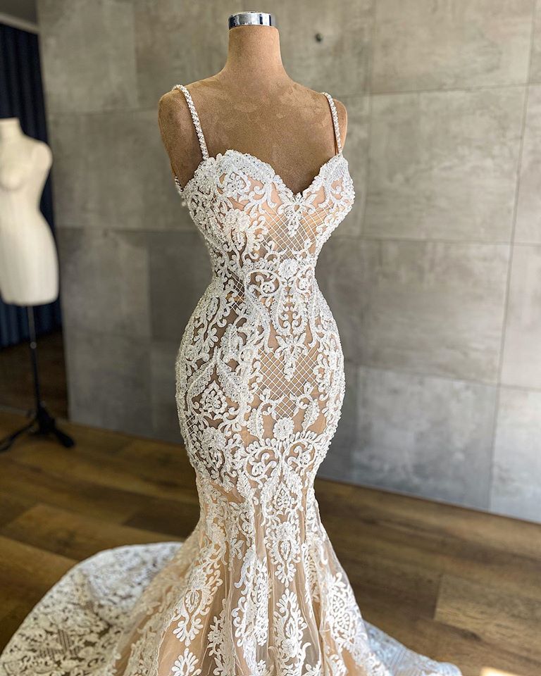 Elegant Lace Wedding Dress - Mermaid Spaghetti-Straps Champagne Sleeveless-BallBride