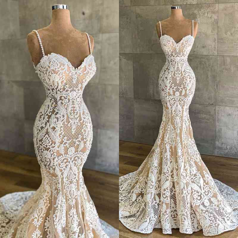 Elegant Lace Wedding Dress - Mermaid Spaghetti-Straps Champagne Sleeveless-BallBride