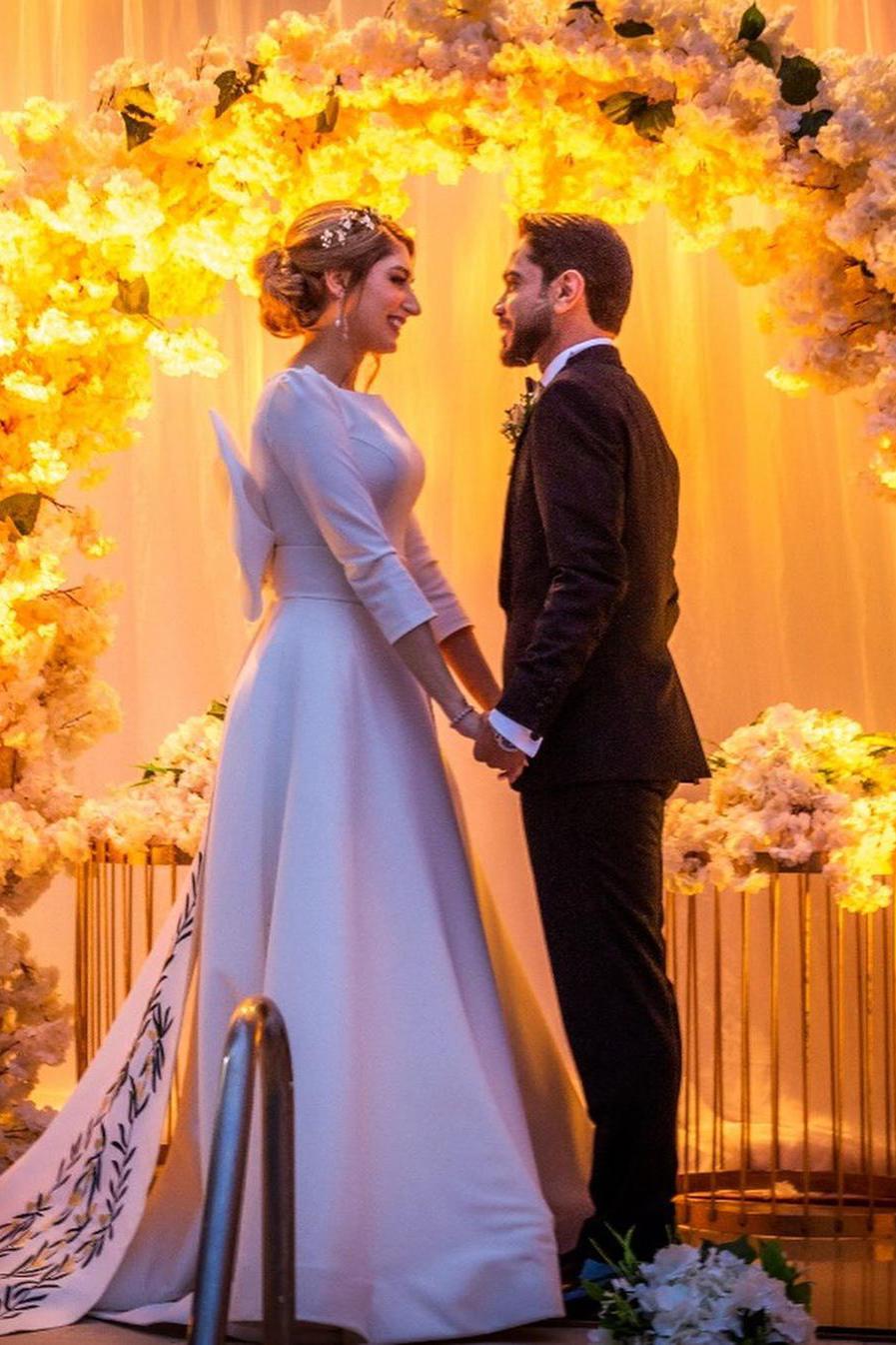 Elegant Long A-line Bateau Satin Wedding Dress with Sleeves-BallBride