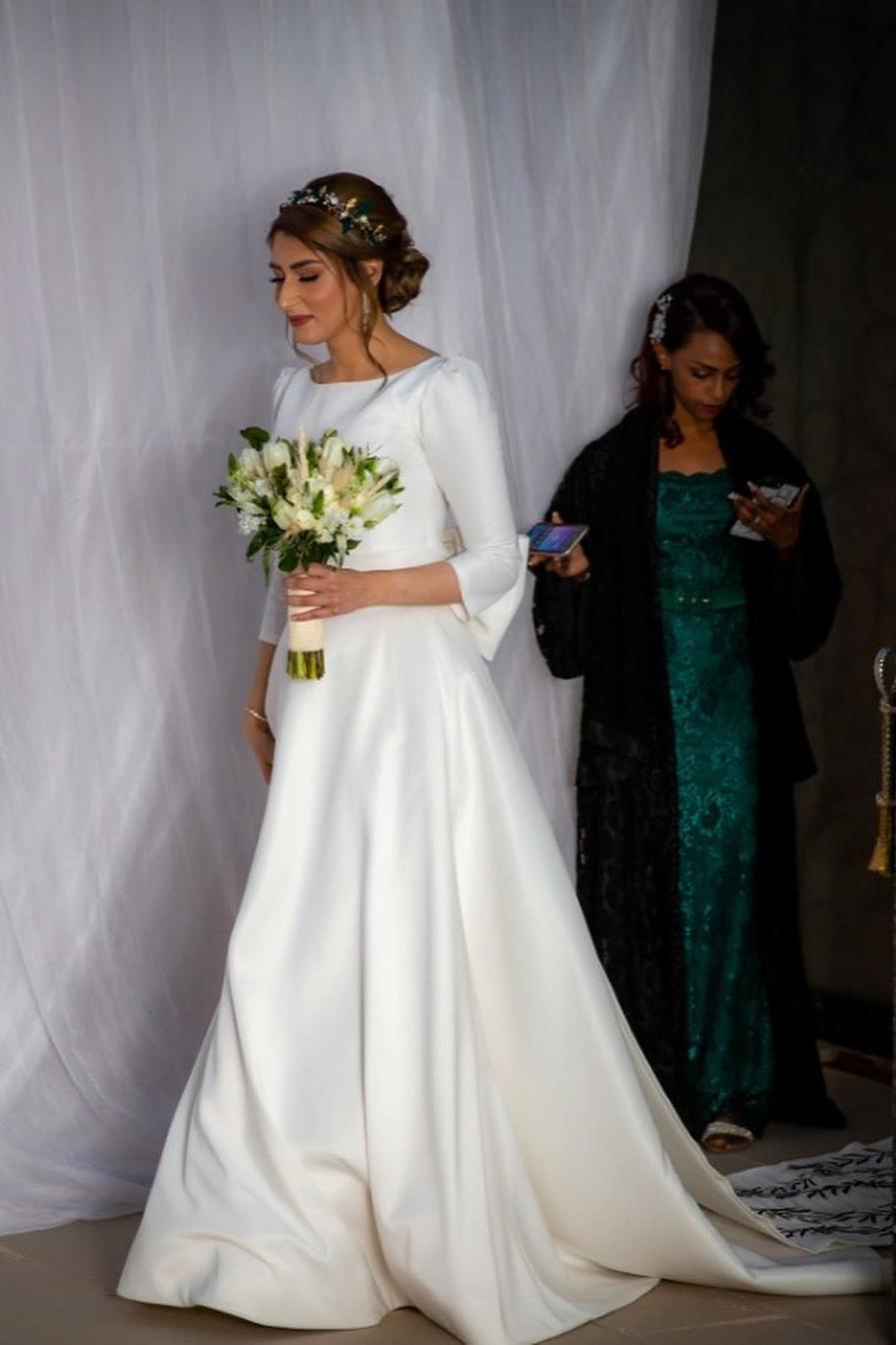 Elegant Long A-line Bateau Satin Wedding Dress with Sleeves-BallBride