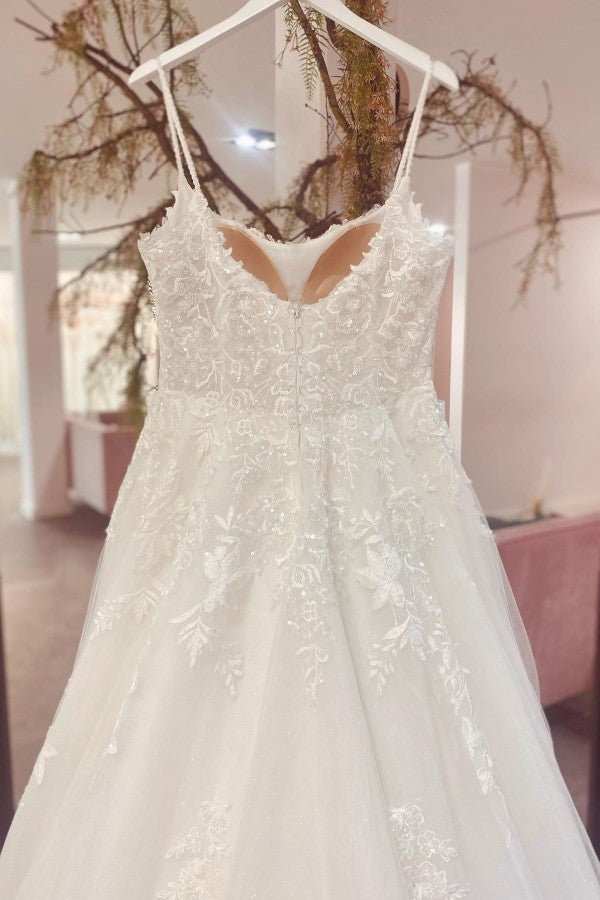 Elegant Long A-Line Lace Wedding Dress With Appliques-BallBride