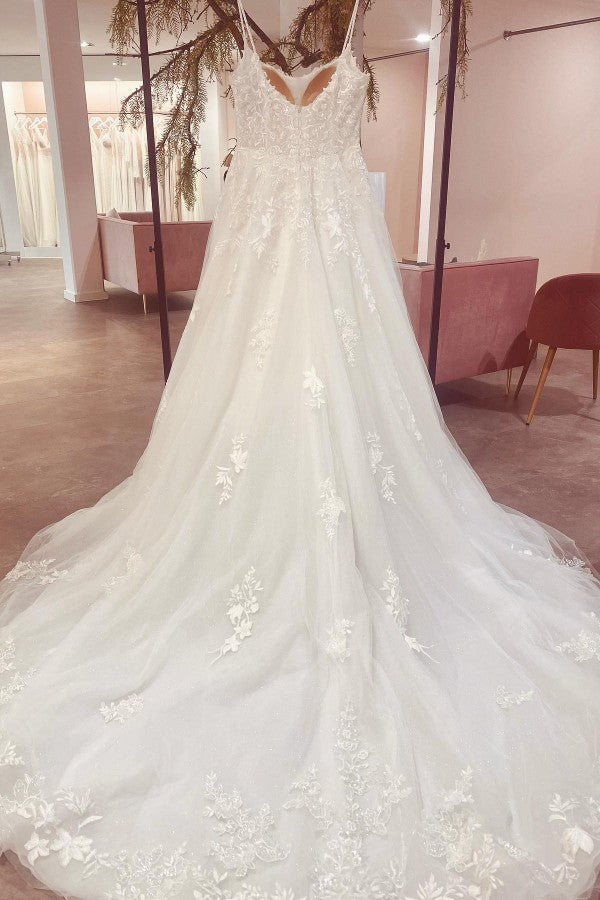 Elegant Long A-Line Lace Wedding Dress With Appliques-BallBride