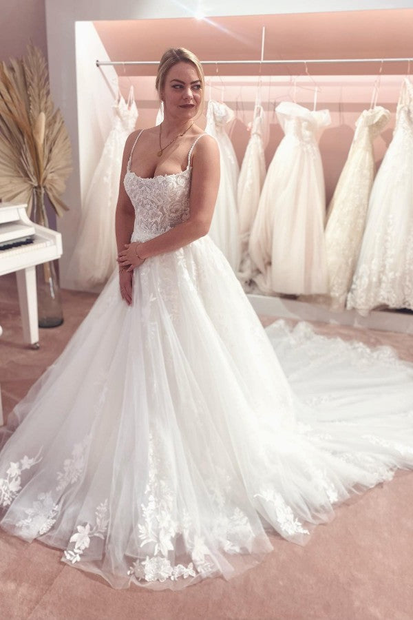 Elegant Long A-Line Lace Wedding Dress With Appliques-BallBride