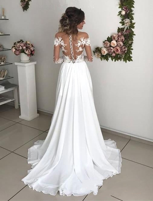 Elegant Long A-line Long Sleeves Slit Wedding Dress with Chiffon Lace-BallBride