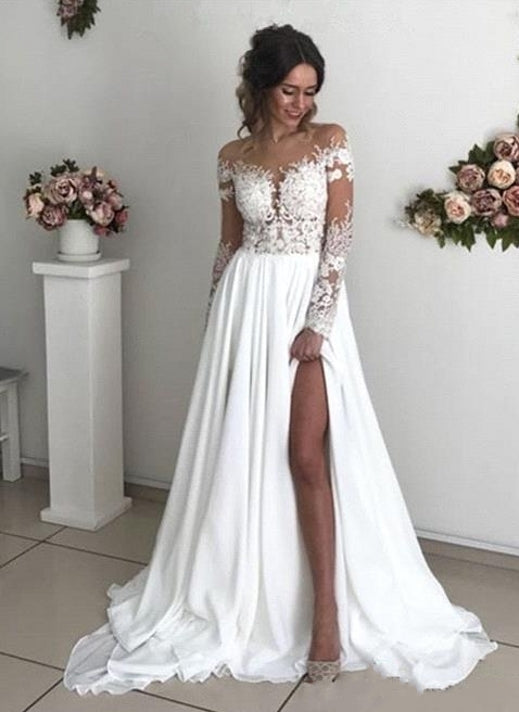 Elegant Long A-line Long Sleeves Slit Wedding Dress with Chiffon Lace-BallBride