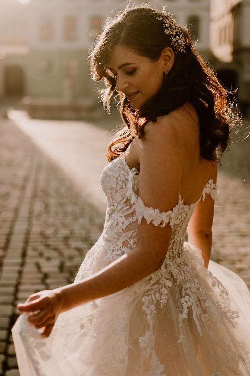 Elegant Long A-line Off-the-Shoulder Lace Tulle Wedding Dress-BallBride