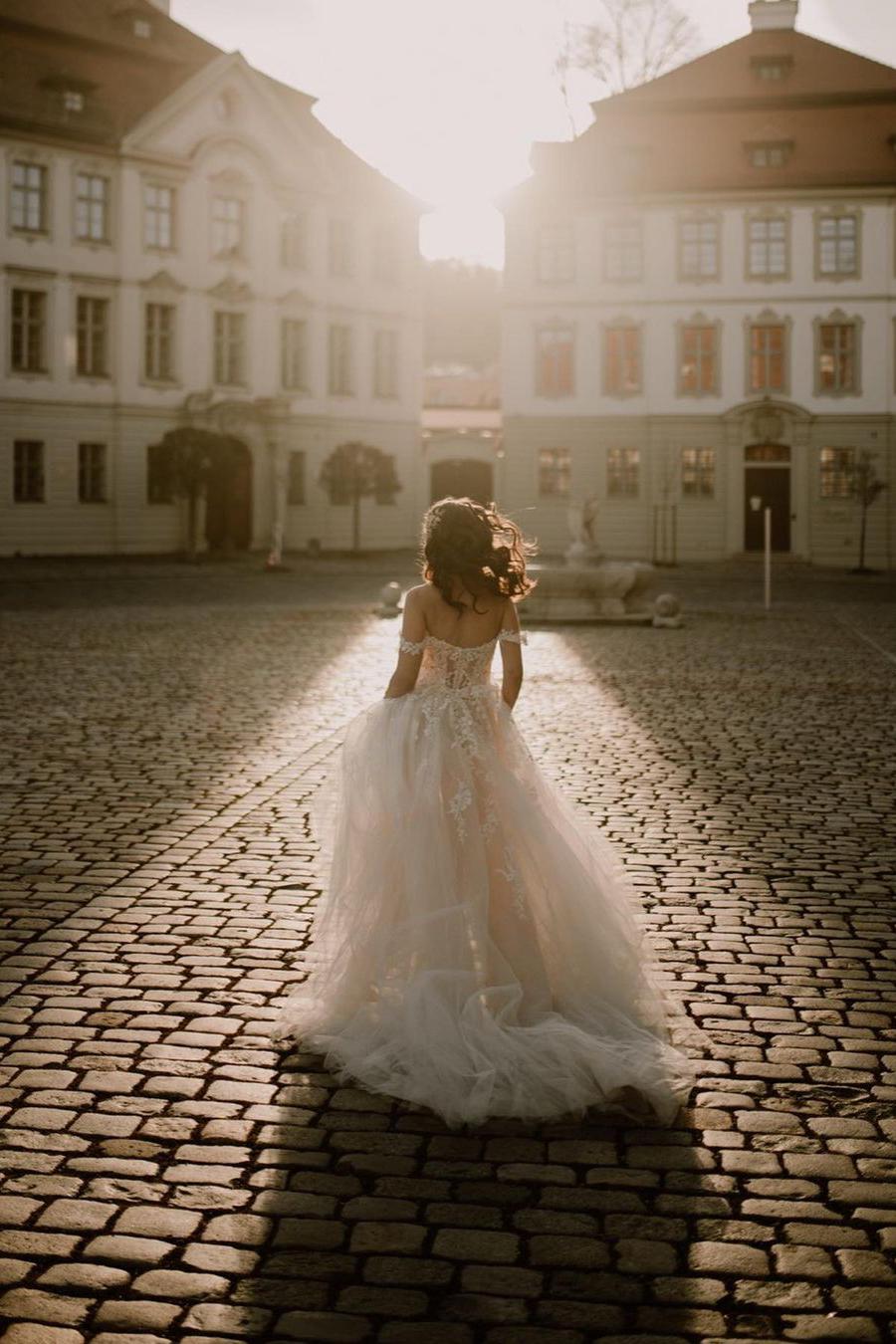 Elegant Long A-line Off-the-Shoulder Lace Tulle Wedding Dress-BallBride