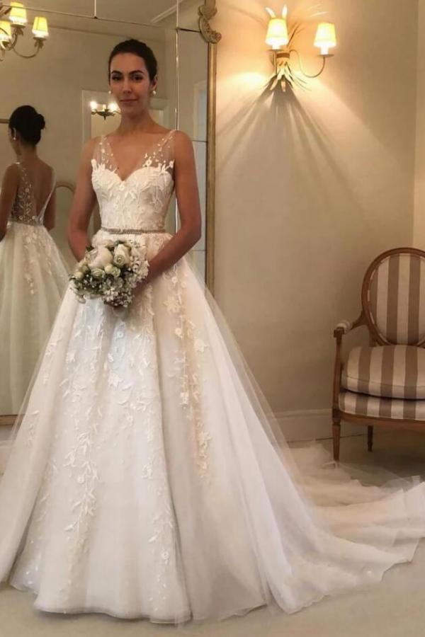 Elegant Long A-line Open Back Wedding Dress with Sweetheart Tulle-BallBride