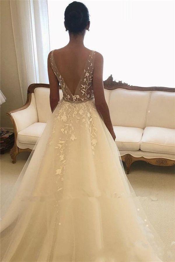 Elegant Long A-line Open Back Wedding Dress with Sweetheart Tulle-BallBride