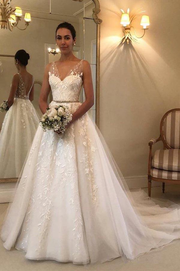 Elegant Long A-line Open Back Wedding Dress with Sweetheart Tulle-BallBride