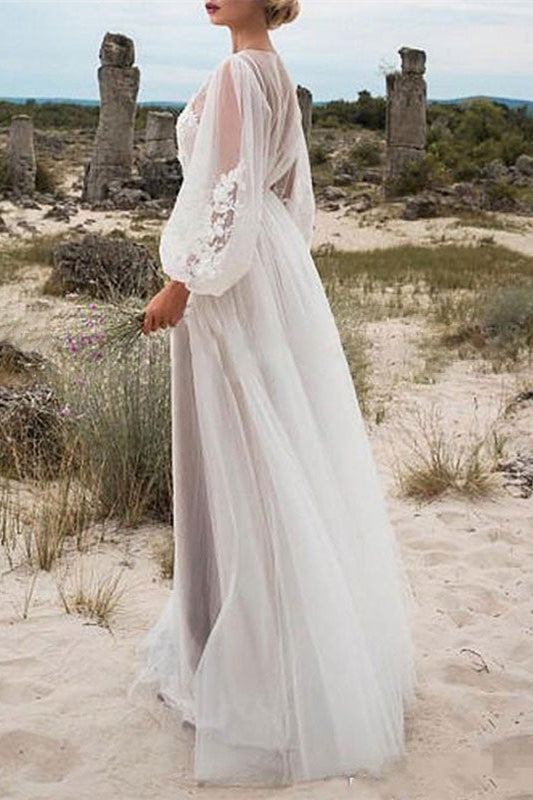 Elegant Long A-line Tulle Lace Wedding Dress with Bubble Sleeves-BallBride